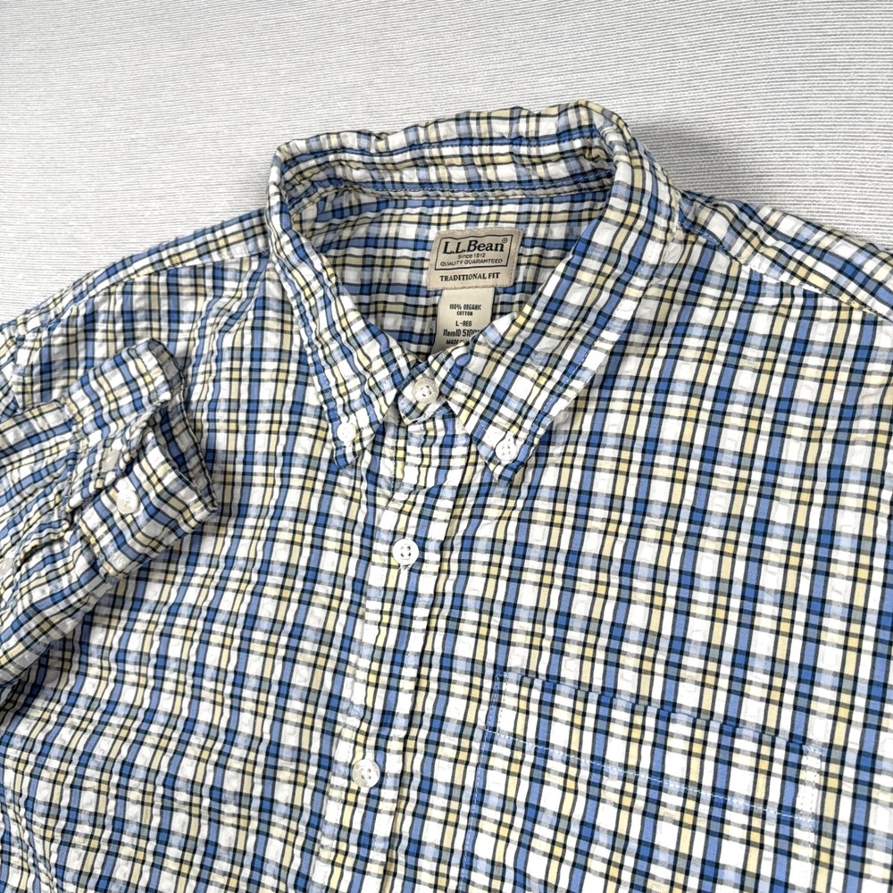 LL Bean Seersucker Shirt Mens Size L Blue Yellow White Cotton Long Sleeve